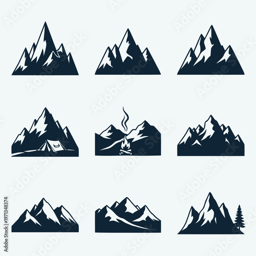 Collection of mountain silhouette icons, perfect for nature, travel, and outdoor adventure themes