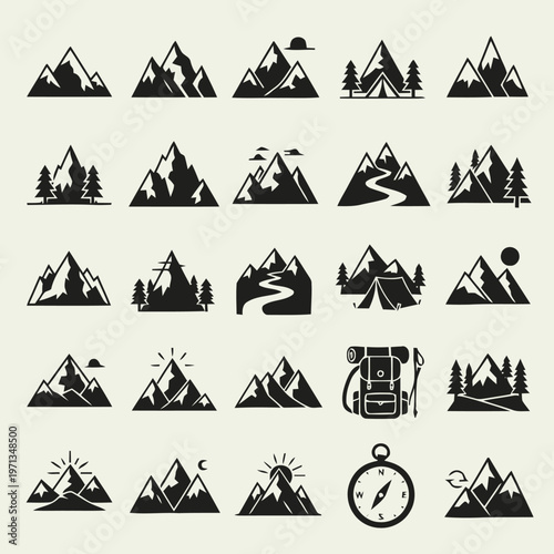 Collection of Silhouette Mountain Landscapes and Camping Icons for Outdoor Adventure and Travel Designs