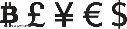 Collection of Popular Global Currency Symbols: Bitcoin, Pound, Yen, Euro, and Dollar Signs – Financial Icons for Economy and Investment Graphics