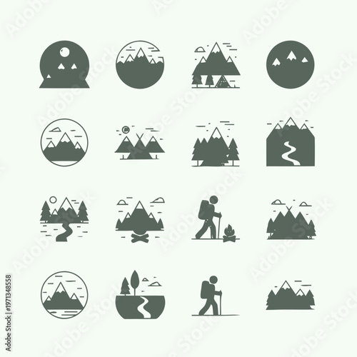 Outdoor mountain silhouette icons. Versatile vector set for adventure and nature exploration. Features landscapes, forest trails, and trekking figures, ideal for travel and sports use