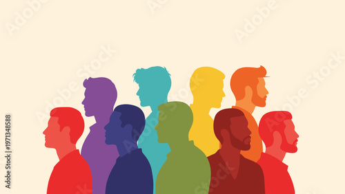 Profiles of diverse male head silhouettes in various colors stand together to represent community and inclusivity.