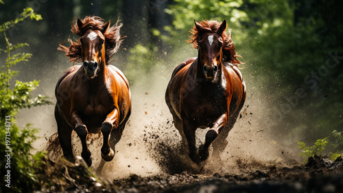  Racehorses and their jockeys leap to the ground after