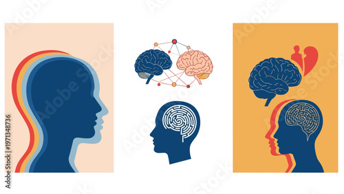 Abstract illustration features human profiles with brains and mazes to represent mental health and complex thinking.