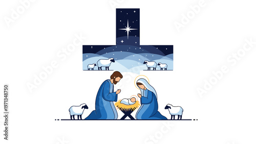 Nativity scene showing Joseph Mary and baby Jesus inside a cross shape with sheep under a starry night sky.