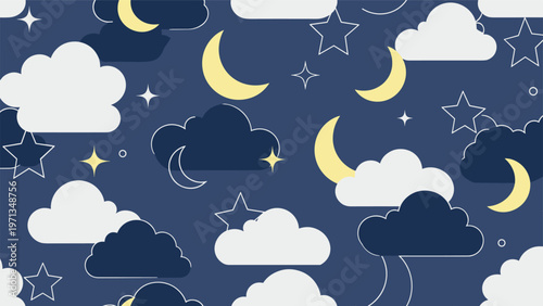Dreamy seamless pattern of white and navy clouds yellow crescent moons and stars in a dark blue night sky for nursery themes.