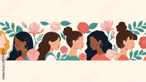 Profiles of diverse women surrounded by beautiful pink roses celebrate femininity and international women day.