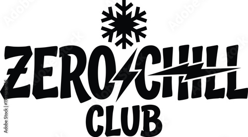 Black and white zero chill club lettering with snowflake and lightning bolt vector art