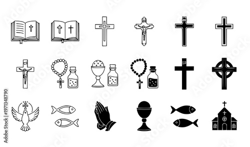 Bible and Christianity icon vector set – crucifix and religious symbols