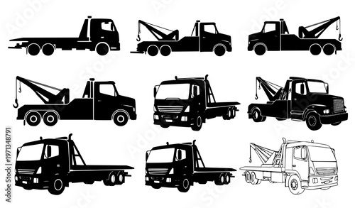 Tow truck silhouette vector set – vehicle illustration bundle