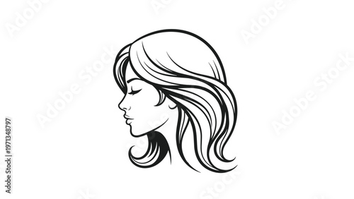 Minimalist line art drawing shows a side profile of a woman with long flowing hair on a clean white background.