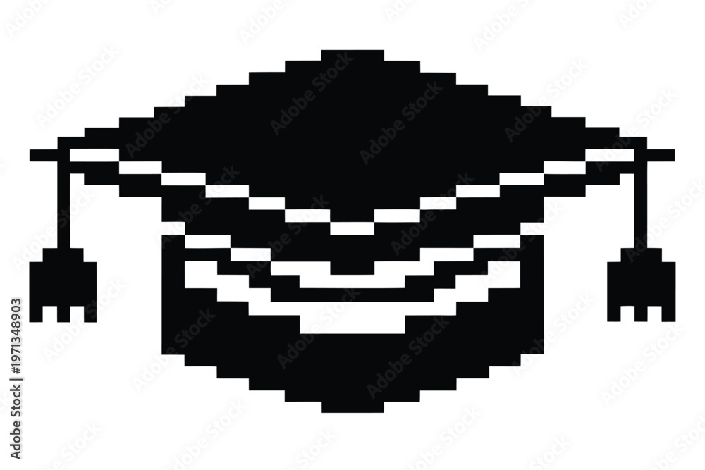 Obraz premium Black and White Pixel Art Graduation Cap Silhouette Icon Representing Academic Achievement