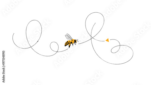 Small honey bee flies along a whimsical dotted path on a white background representing nature and pollination.