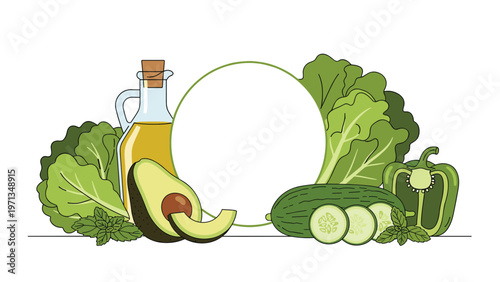 Fresh green vegetables and bottle of olive oil surround a white circular frame for healthy diet and organic food.