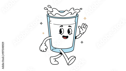 Cute cartoon glass of milk character with a happy face walking and waving its hand isolated on a clean white background for kids.