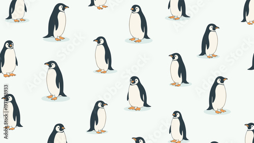 Delightful seamless pattern of illustrated penguins in various natural poses on a soft light background suitable for winter themes.