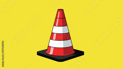 Classic red and white striped traffic cone stands alone on a bright yellow background for construction and safety.