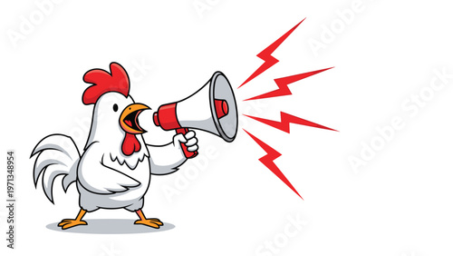 Fun cartoon illustration of a rooster holding a megaphone and making a loud announcement for morning wake up call.