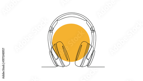 Minimalist one line drawing of a pair of headphones with a yellow circle background represents music and podcasting.