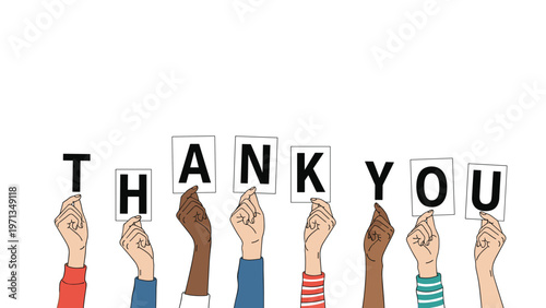Hands of various skin tones holding up white cards that spell out the words thank you on a plain white background.