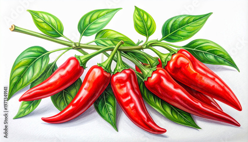Detailed colored pencil illustration of chili peppers