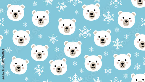 Cute seamless pattern of polar bear faces with pink cheeks and white snowflakes on a light blue background for winter and nursery.