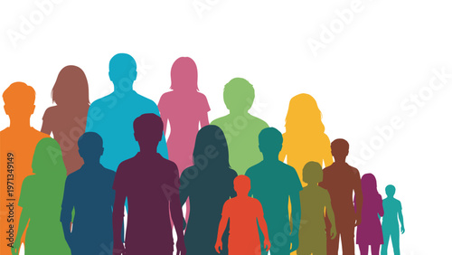 Silhouette of a large group of people of different sizes and ages standing together representing a diverse community.