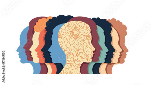 Overlapping human profile silhouettes with one featuring a beautiful floral pattern to symbolize mental health and growth.