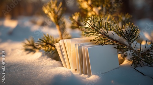 Blank cards near snowy pine branch