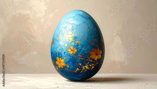 A hand painted blue and gold easter egg illustration