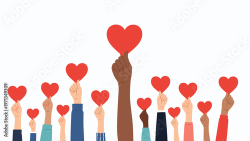 Various hands of different ethnicities holding up red heart shapes against a white background to symbolize love and charity.
