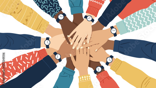 Diverse group of people putting their hands together in the center with everyone wearing a wristwatch for time management.