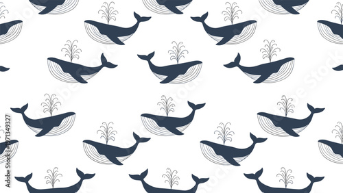 Beautiful seamless pattern featuring dark blue whales spouting water against a clean white background for nautical themed designs.