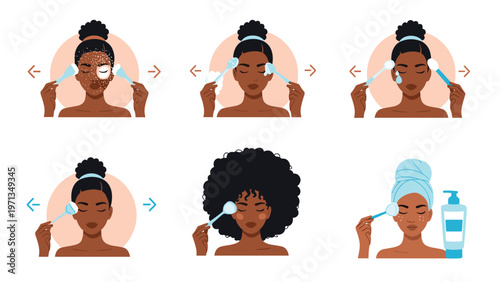 Comprehensive infographic illustrating the steps of a facial skincare routine for a woman with beautiful curly hair and dark skin.