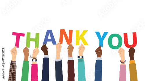Diverse group of hands holding up colorful letters that spell out the phrase thank you on a white background.