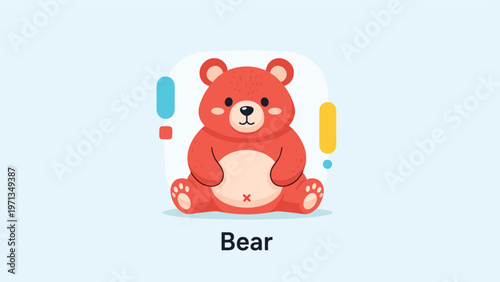 Adorable red and brown teddy bear sitting peacefully against a soft light blue background with decorative geometric shapes nearby.