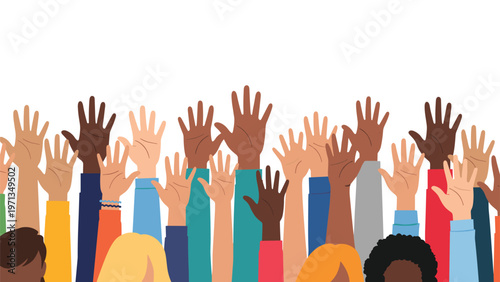 Collection of diverse hands of various skin colors and sizes raised up together symbolizing community and inclusivity.