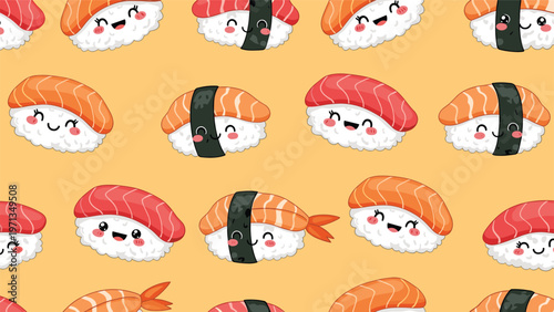 Delightful seamless pattern of various cute sushi characters with smiling faces and rosy cheeks on a warm orange background palette.
