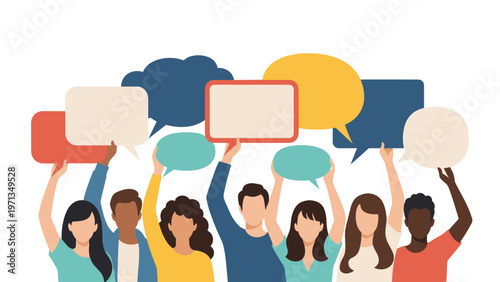 Group of diverse people holding up empty colorful speech bubbles to represent communication and sharing of ideas.