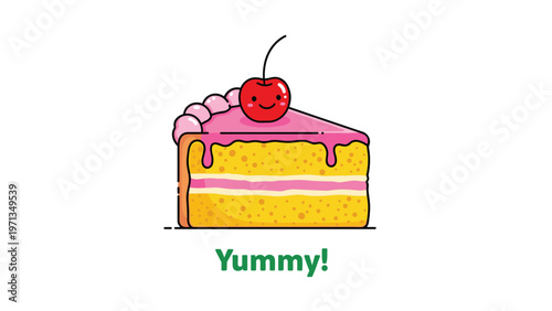 Delicious slice of yellow sponge cake with pink strawberry frosting and a happy cherry on top with the word yummy written below it.