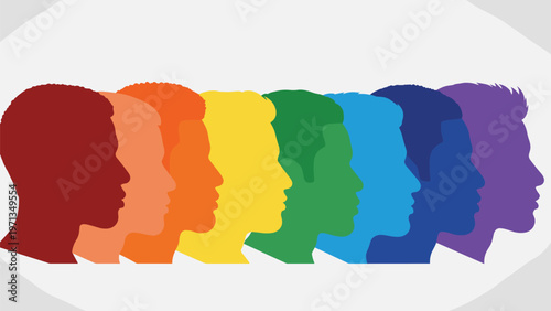 Row of overlapping human profile silhouettes in rainbow colors representing LGBTQ pride and diversity in our society.