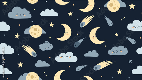 Whimsical seamless pattern of a night sky with smiling moons, comets, fluffy clouds, and twinkling stars on a dark navy blue setting.