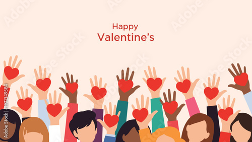 Many hands of different people raised up each holding a red heart for happy Valentine's Day or charity celebration.