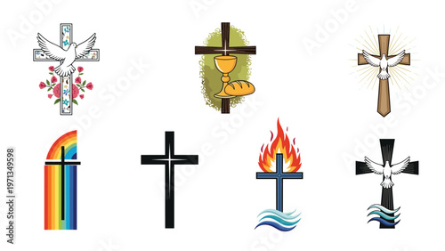 Collection of different Christian cross symbols featuring doves, bread, wine, fire, and water representing various beliefs.