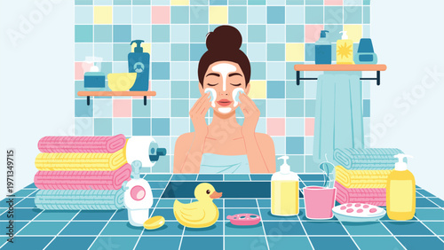 Relaxed woman in a modern bathroom applying a white facial mask while surrounded by various spa items and colorful bath accessories.