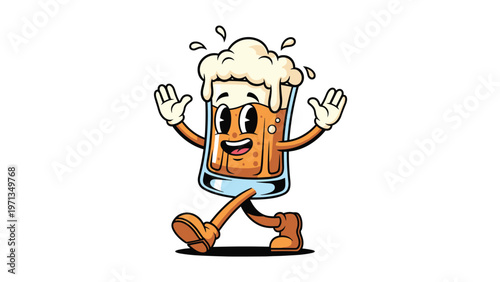 Fun retro style cartoon of a happy walking beer mug character with large eyes and overflowing foam for bar and party advertisements.