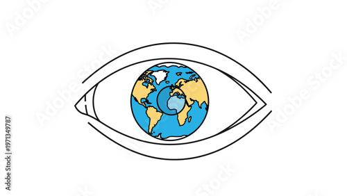 Human eye outline with a colorful map of the earth as the iris and pupil representing global vision and awareness.