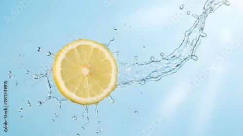 Close-up of a fresh lemon slice in a dynamic water splash, a healthy metaphor for refreshment.