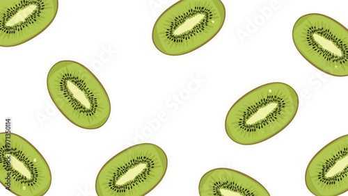 Fresh and vibrant seamless pattern of sliced kiwi fruits showing green flesh and black seeds on a bright white background for decor.