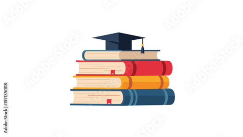 Stack of colorful educational books topped with a graduation cap symbolizing academic success, learning, and higher education.