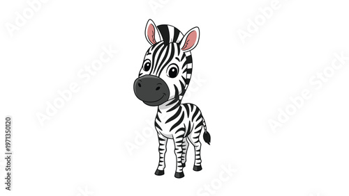 Cute cartoon illustration of a young zebra with black and white stripes standing happily on a plain white background for children.